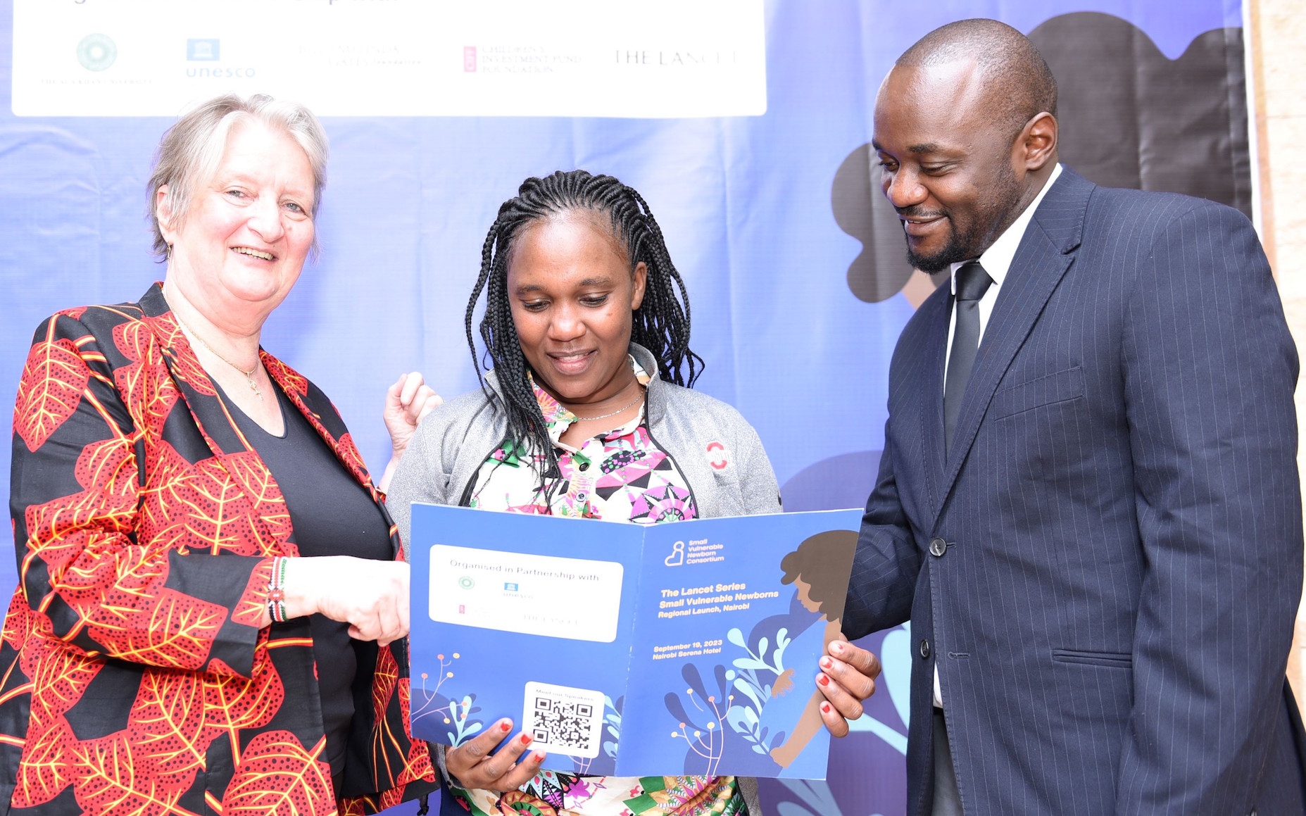 Director of Aga Khan University’s Centre of Excellence in Women & Child Health EA Prof. Marleen Temmerman, Champion Mother Stella Mwikali & Ministry of Health Acting Head, Division of Health Informatics Dr. Job Nyangena during the regional launch of the Lancet report on national preventive measures to curb the high rate of new-borns born too small or too soon.