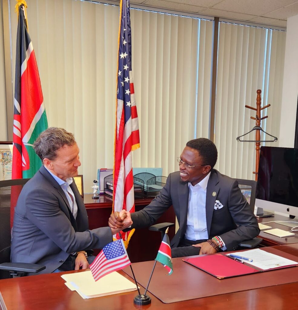 CS Ababu Namwamba and Invention Studios CEO Nicky Weinstock. The Hollywood Film studio will help strategically position Kenya as a film making destination of choice. PHOTO/COURTESY