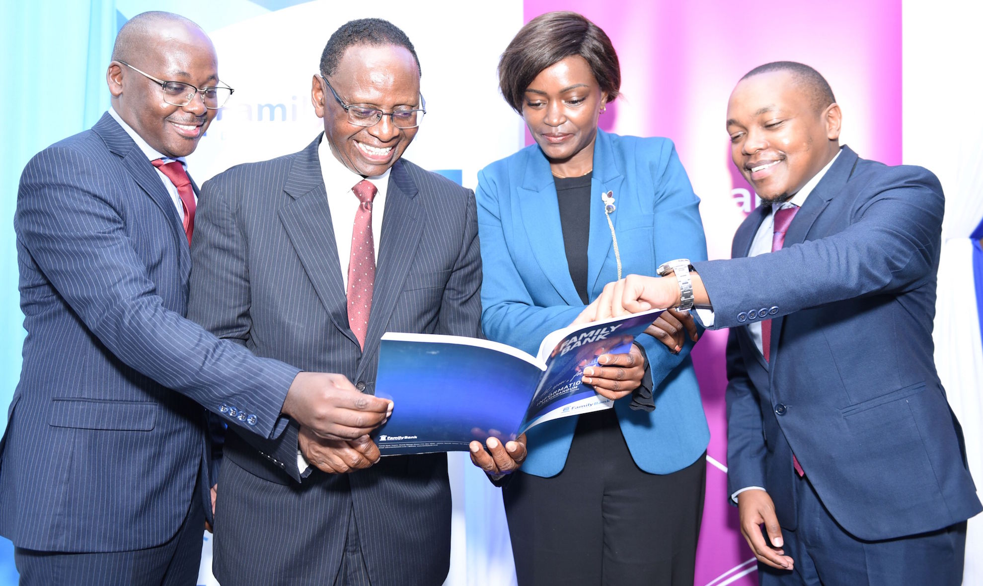 Family Bank Chief Financial Officer Stephen Ngugi, Chairman Dr. Wilfred Kiboro, CEO Rebecca Mbithi and Chief Legal Officer Eric K. Murai during the Extra-ordinary General Meeting where shareholders voted for the approval of the Bank to offer 800 million shares through a rights issue to strengthen the Bank’s Capital Base.