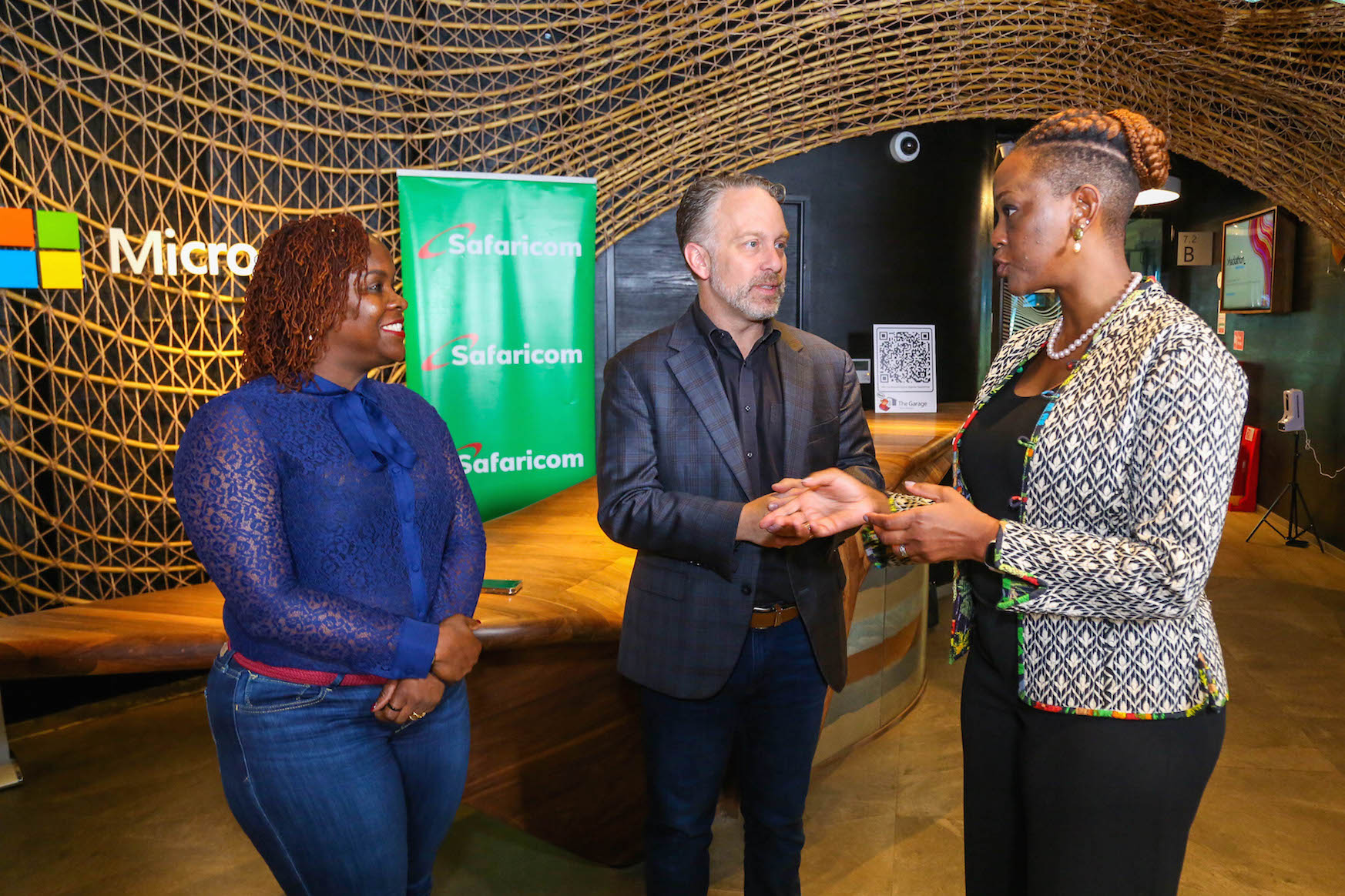 Safaricom PLC Chief Financial Services Officer, Esther Waititu (right) with Vice President- Microsoft Tech for Social Impact (TSI), Justin Spelhaug and Safaricom Director Sustainable Business & Social Impact, Karen Basiye. This was during the partnership meeting at Dunhill Towers.
