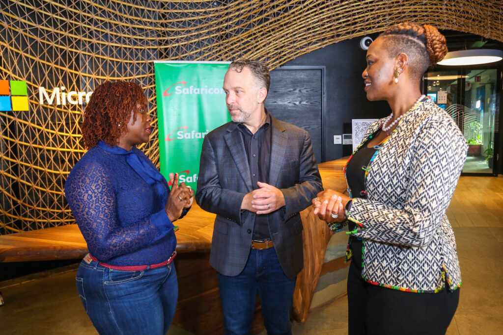 Safaricom PLC Chief Financial Services Officer, Esther Waititu (right) with Vice President- Microsoft Tech for Social Impact (TSI), Justin Spelhaug and Safaricom Director Sustainable Business & Social Impact, Karen Basiye. This was during the partnership meeting at Dunhill Towers.