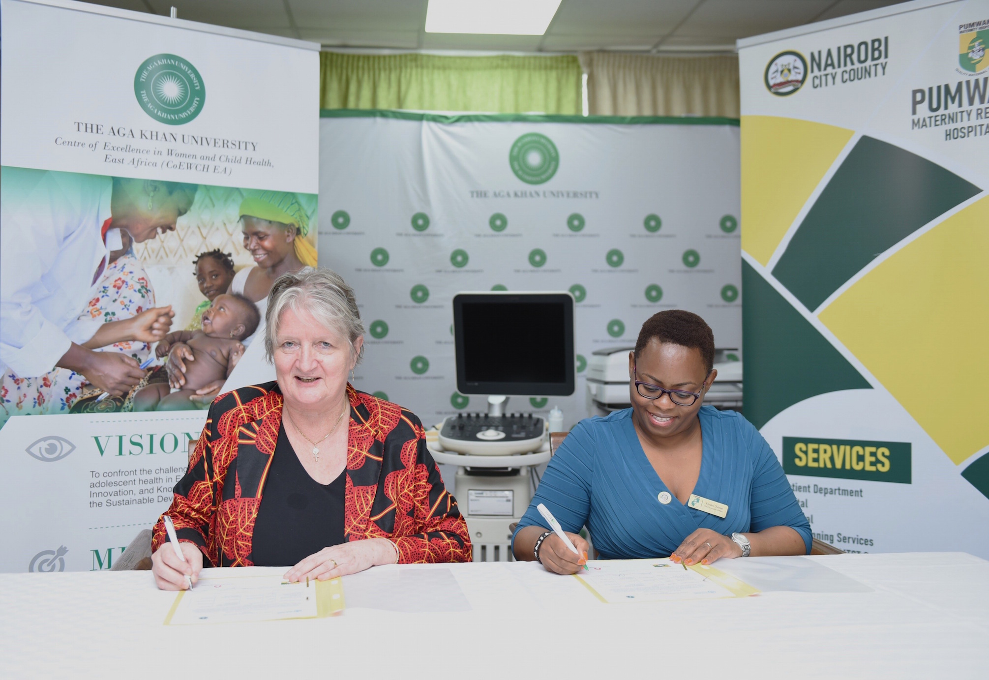 Aga Khan University’s Centre of Excellence in Women and Child Health EA Director Prof Marleen Temmerman & Pumwani Maternity Hospital CEO Christine Kiteshu during the handover ceremony where the university donated equipment worth KES. 2 million to boost the hospital’s maternal and newborn care.