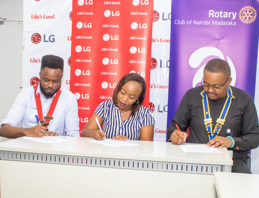 (L-R) Rotaract Club of UoN Afya President, Austin Mulema; LG Electronics EA Corporate Marketing Manager, Maureen Kemunto; and Rotary Club of Nairobi Madaraka President, Joel Wandurwa, signing a partnership for LG Electronics' newly launched charitable initiative aimed at spreading the festive season spirit to those in need. The partnership will ensure that the funds raised are directed toward impactful projects addressing critical community needs.