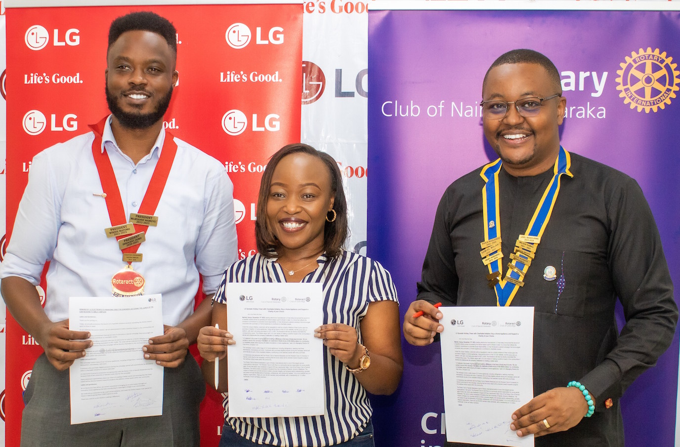 L-R), Rotaract Club of UoN Afya President, Austin Mulema; LG Electronics EA Corporate Marketing Manager, Maureen Kemunto; and Rotary Club of Nairobi Madaraka President, Joel Wandurwa, pose for a photo after signing a partnership for LG Electronics' newly launched charitable initiative aimed at spreading the festive season spirit to those in need. The partnership will ensure that the funds raised are directed toward impactful projects addressing critical community needs.