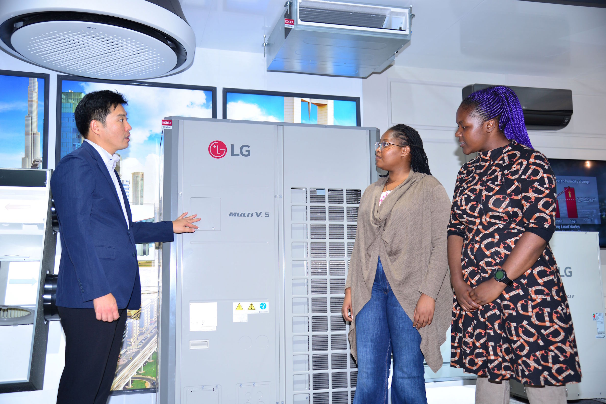 (L-R), LG Electronics Air Solution Product Manager Yeonguk Yun explains some of the LG Electronics air solutions technology to Kenyatta University students Shirleen Mwangi and Georgina Muringo from the Korean Language & Culture Center (Nairobi King Sejong Institute). This took place during an excursion at LG offices by students from the said school, providing an opportunity for the LG team to introduce the students to the Korean work environment.