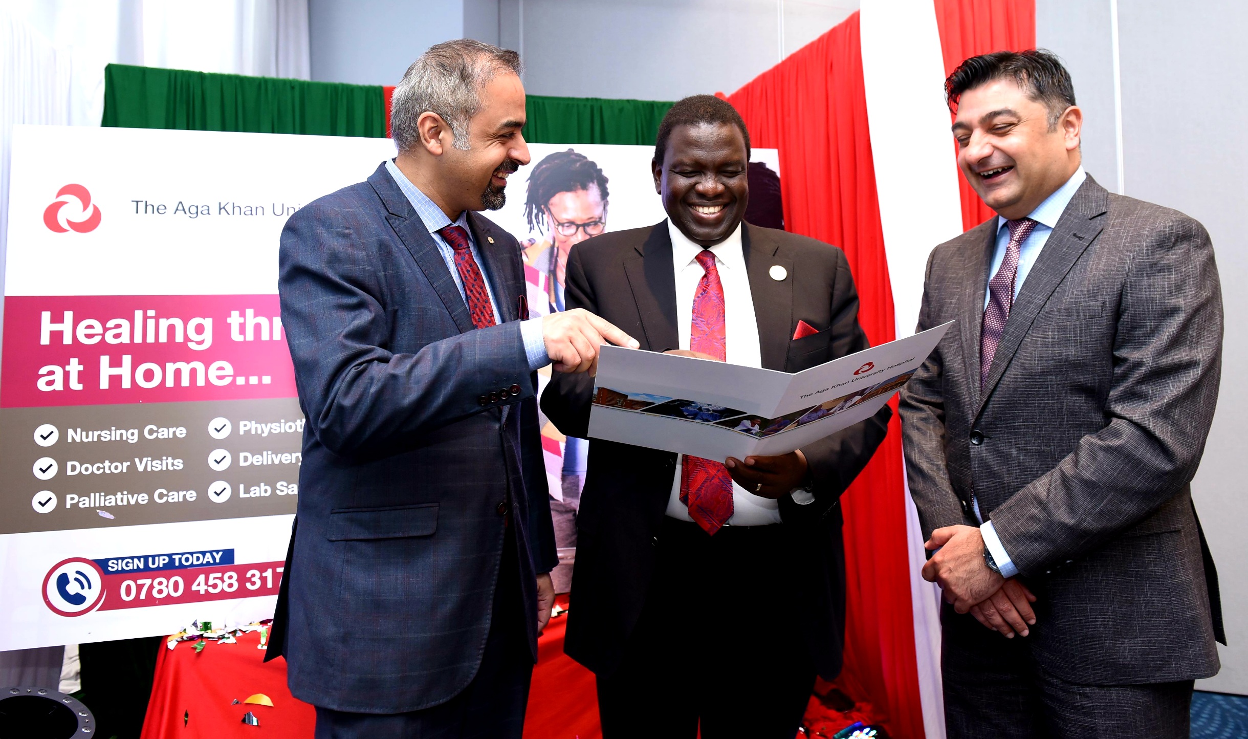 Aga Khan University Hospital Chief Operating Officer Khurram Jamal, Jubilee Holdings Limited Group CEO Dr. Julius Kipng’etich and Aga Khan University Hospital CEO Rashid Khalani share a light moment during the hospital’s Home Care Services launch. The service will see that patients access crucial medical services such as chemotherapy, nursing care, collection of lab samples among others in the comfort of their homes.